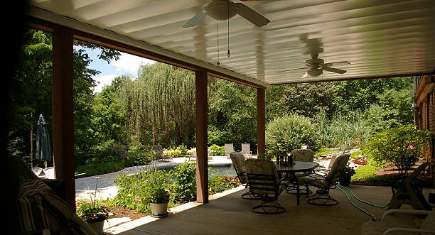 Patio over looking pool at summer home in the USA